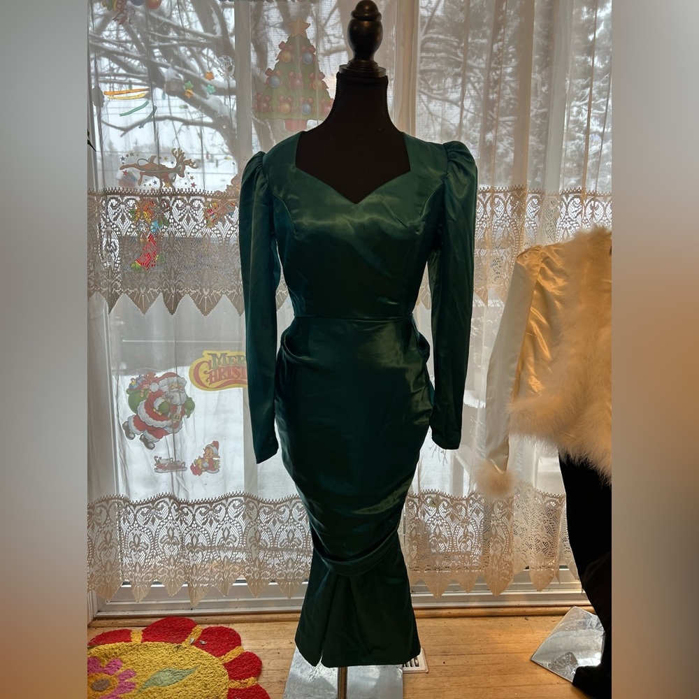 Vintage Nu Mode Teal Satin Dress | Soft Mermaid Silhouette - Picture 2 of 4